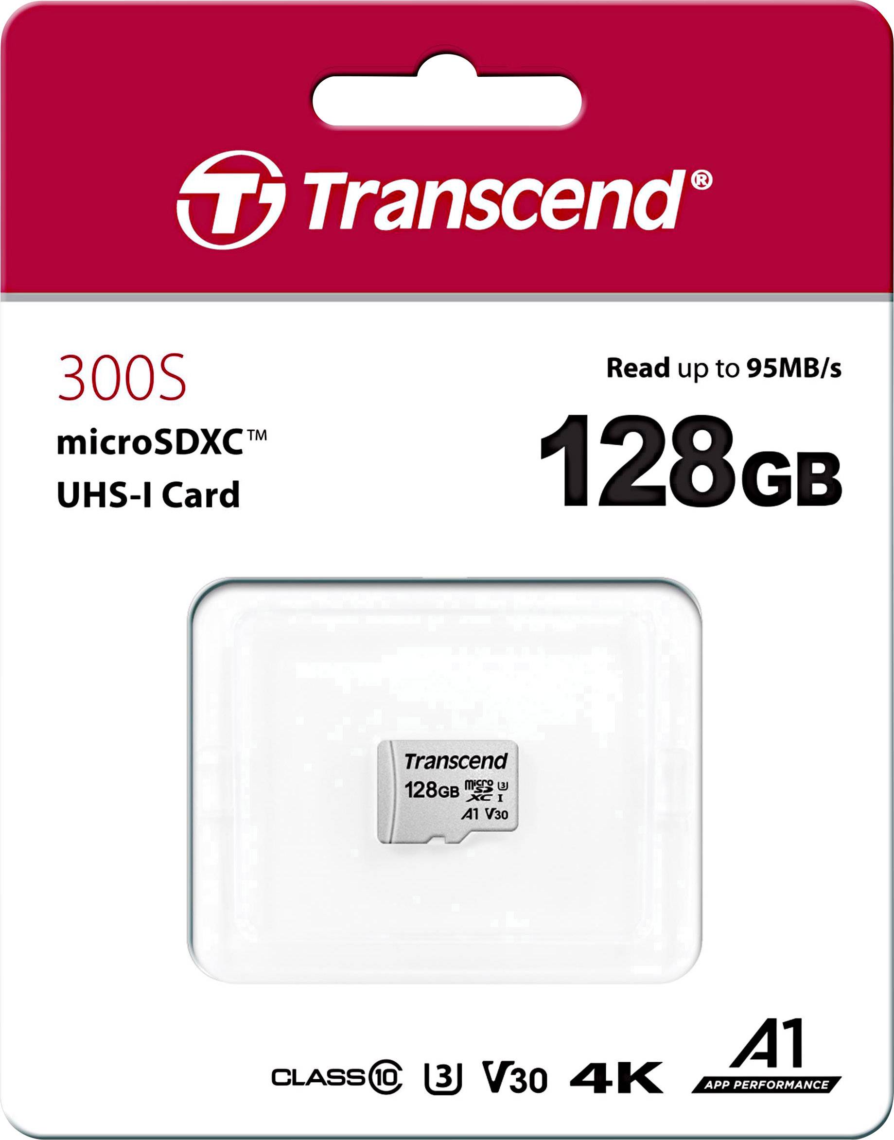 Transcend Premium 300S microSDXC-Karte 128GB Class 10, UHS-I, UHS-Class 3, v30 Video Speed Class, A1 Application Performance Class