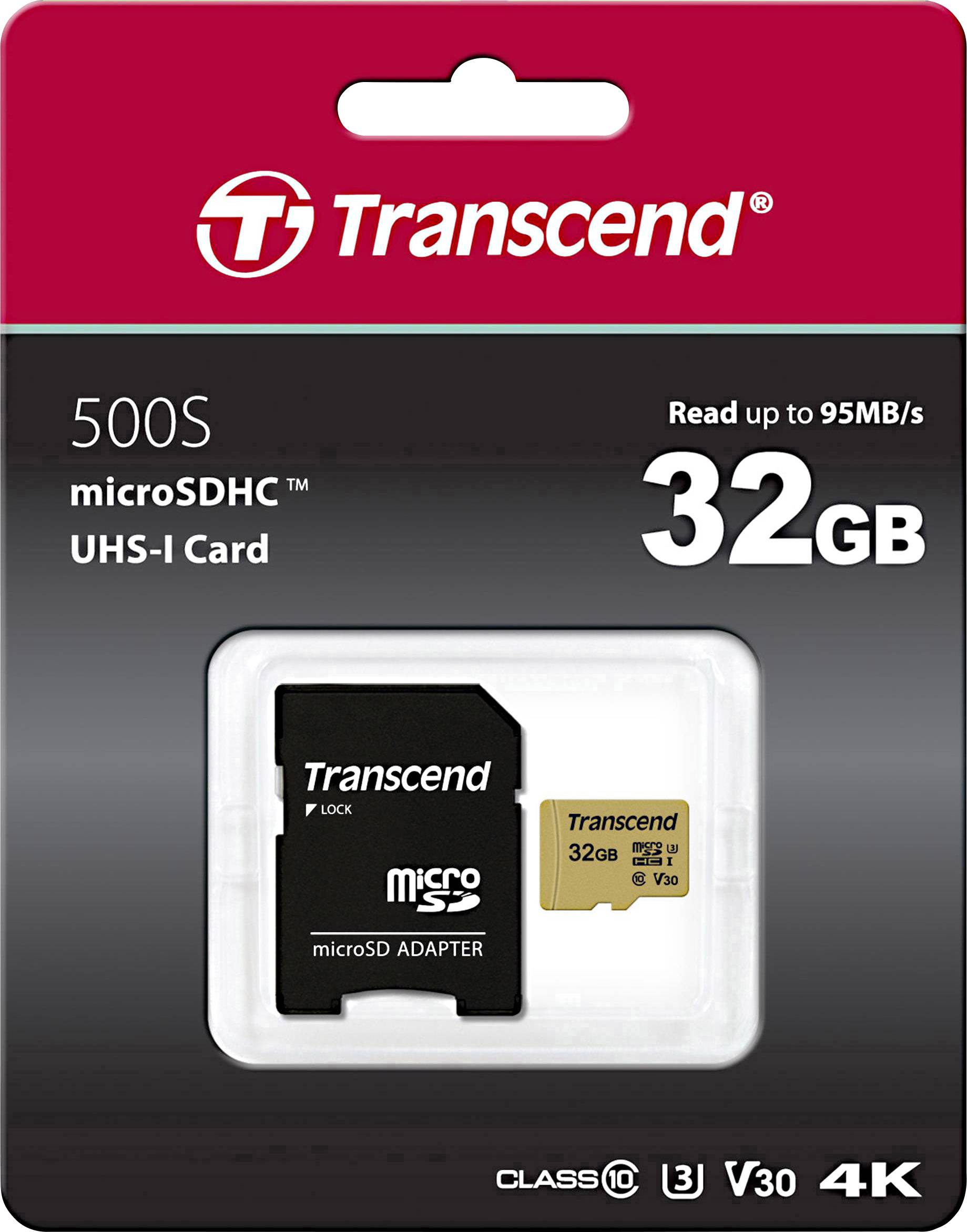 Transcend Premium 500S microSDHC-Karte 32GB Class 10, UHS-I, UHS-Class 3, v30 Video Speed Class inkl. SD-Adapter
