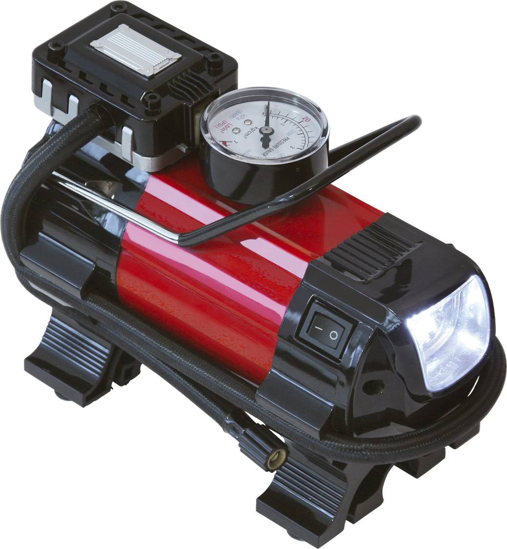 Dino KRAFTPAKET 136309 Kompressor 6.9 bar 12 V Adapter zum Betrieb per Kabel, Analoges Manometer, mit Arbeitslampe