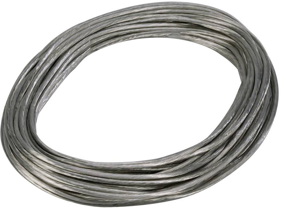 Ein Bündel silberner Metallkabel, locker zu einem großen Kreis gewickelt, auf weißem Hintergrund.