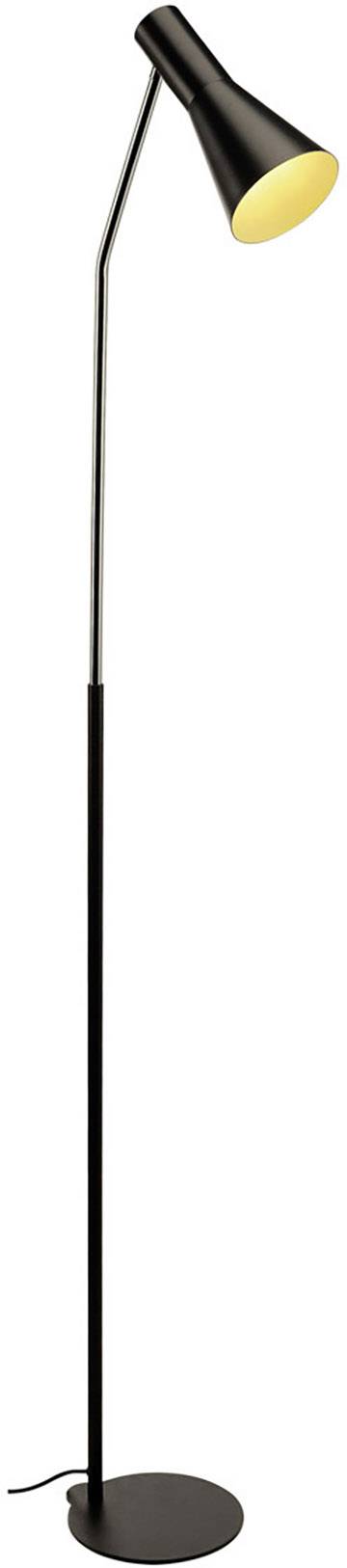 Schlanke, hohe Stehlampe mit gebogenem Hals und konisch geformtem, schwarzem Lampenschirm, ideal zur Beleuchtung von Lesebereichen.