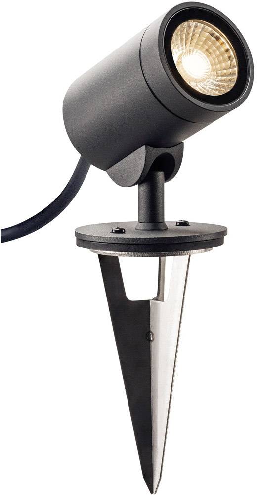 Ein schwarzer, runder Außenstrahler mit Erdspieß, leuchtet hell nach vorne. Ideal zur Beleuchtung von Gärten oder Wegen.