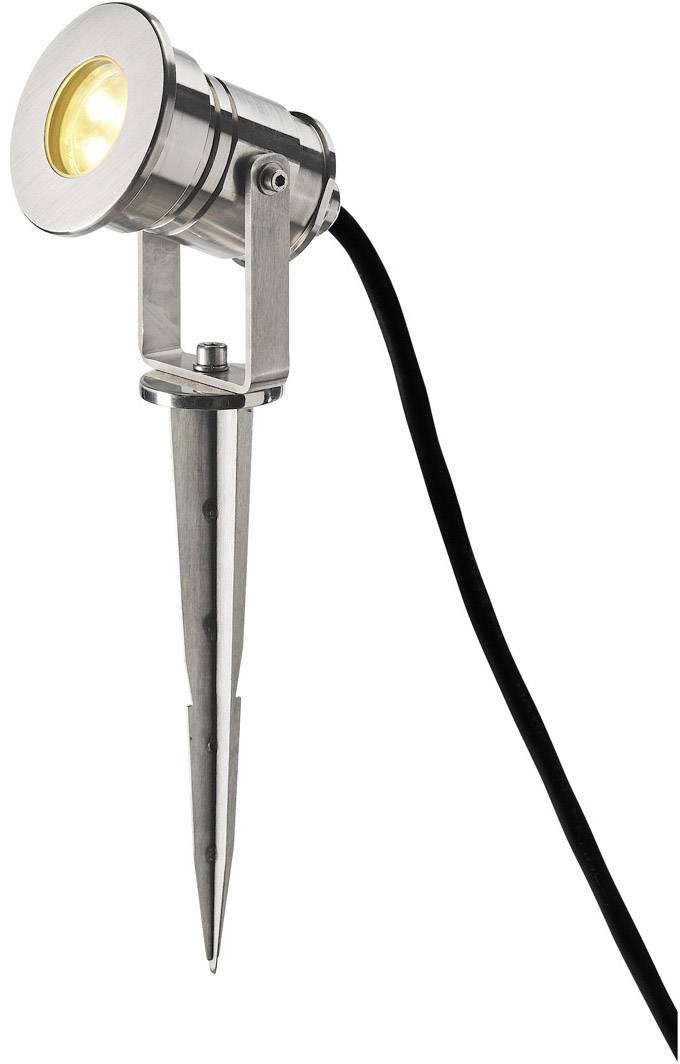 Ein schlanker Außenstrahler aus Metall mit Erdspieß und Kabel, zur Beleuchtung von Gärten oder Wegen.