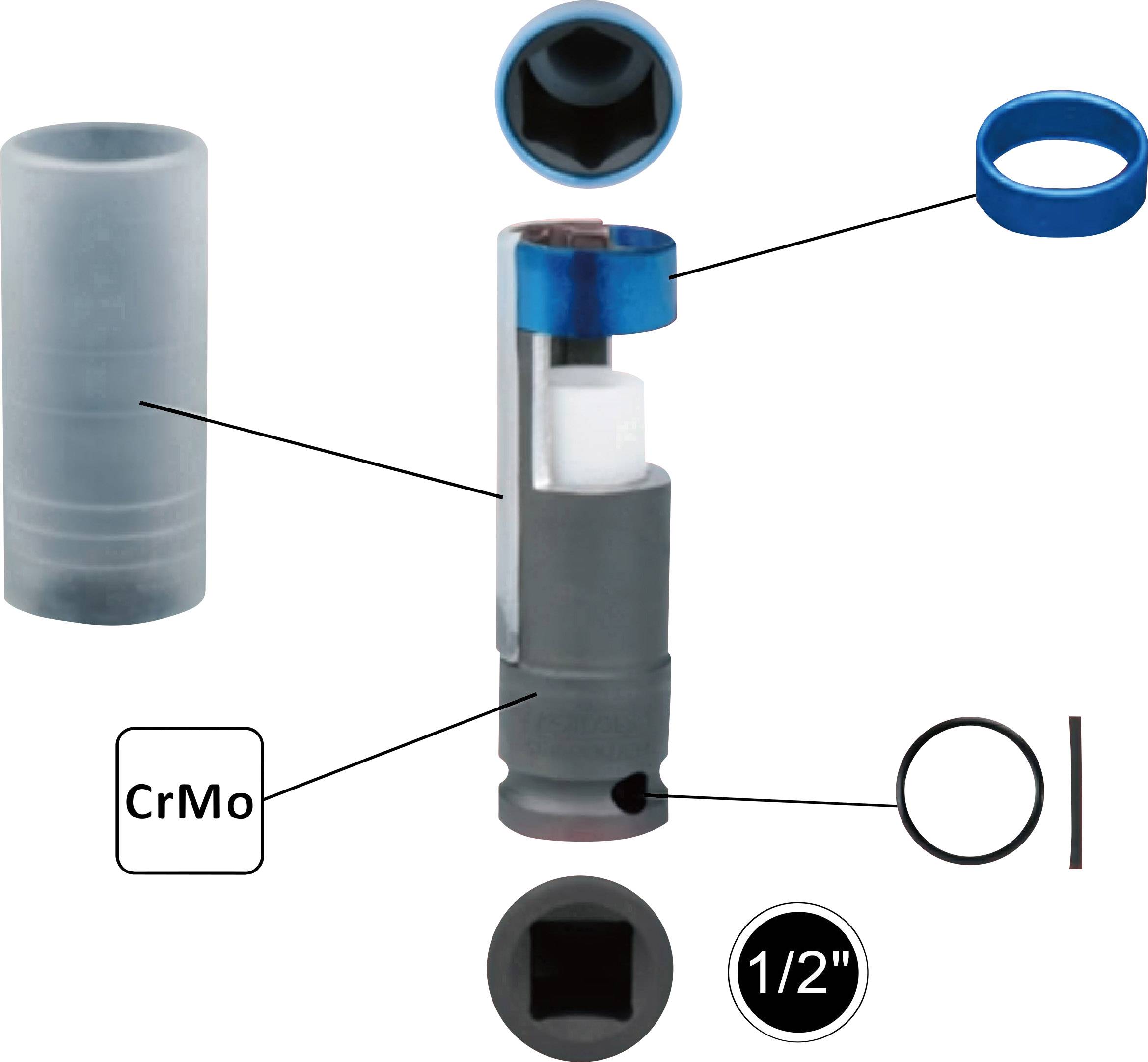 Zeigt eine zerlegte Stecknuss aus Chrom-Molybdän-Stahl mit 1/2-Zoll Antrieb, umgeben von einer blauen Schutzhülse und Kunststoffteilen.