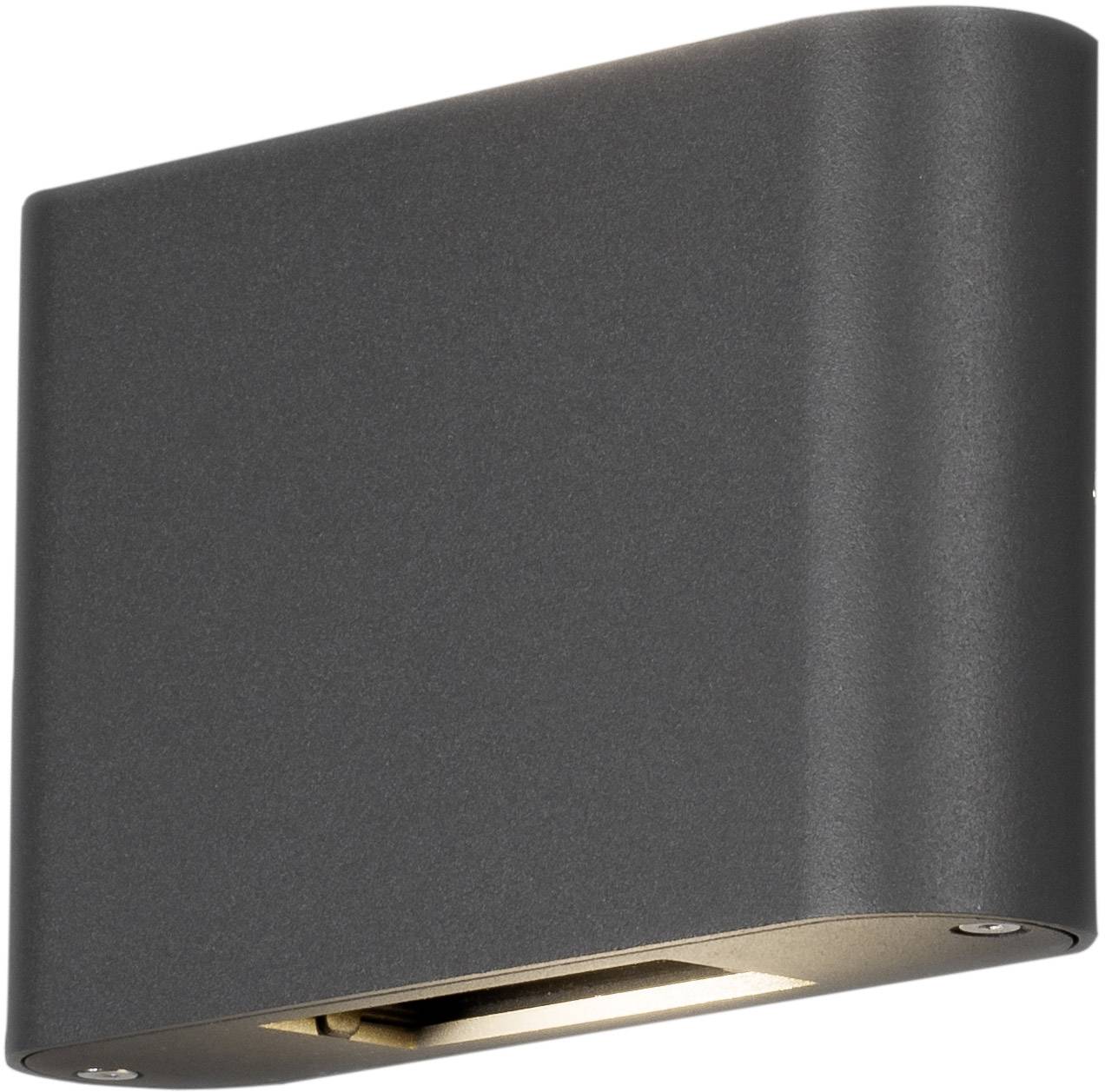 Eine moderne, wandmontierte Außenleuchte in dunklem Metallfinish, die nach oben und unten Licht abstrahlt.