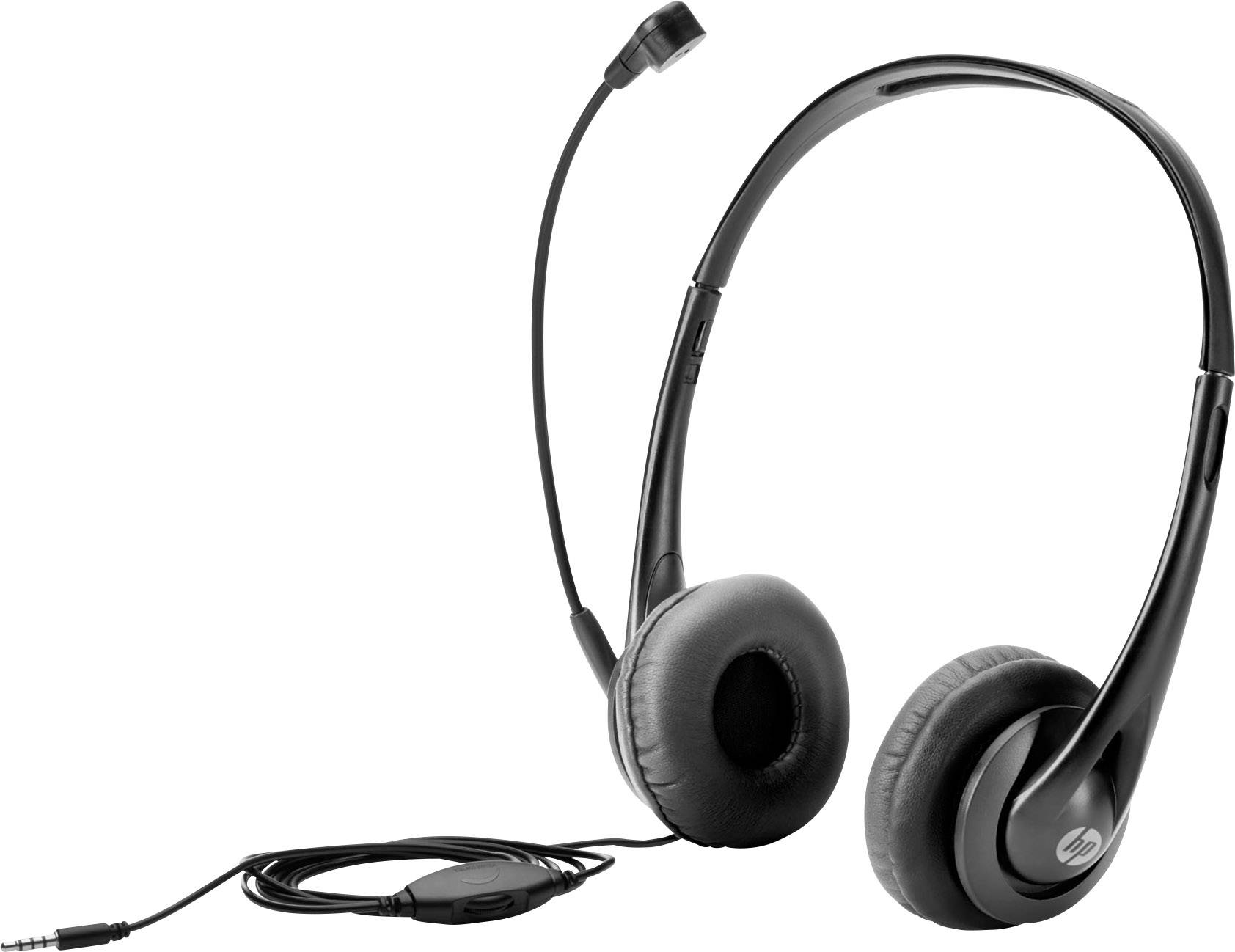 Schwarzes Headset mit verstellbarem Mikrofon und gepolsterten Ohrmuscheln, verbunden durch ein Kabel mit einem 3,5-mm-Klinkenstecker.