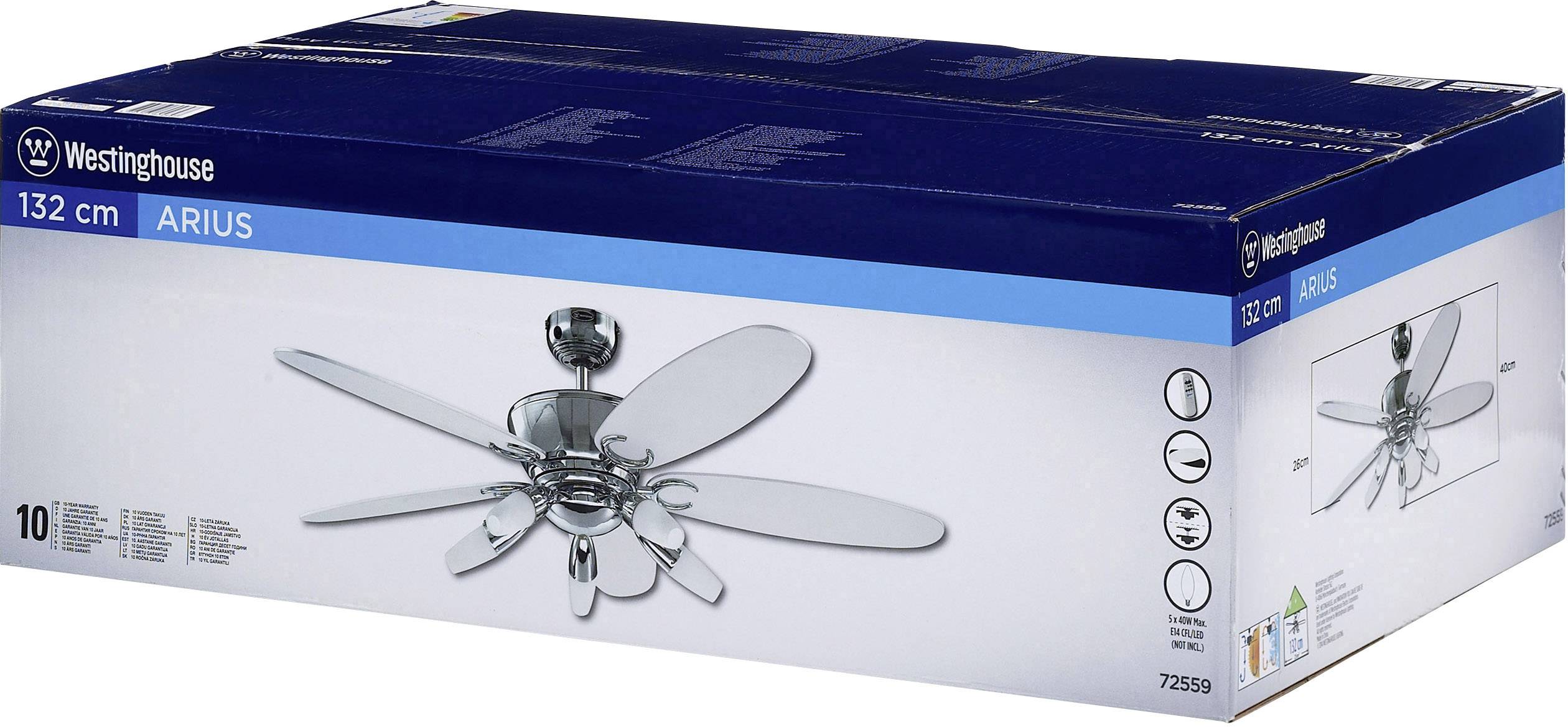 Westinghouse Arius Deckenventilator 55W (Ø x H) 132cm x 420mm Chrom mit Beleuchtung, mit Fernbedienung, Wendbare Flügel