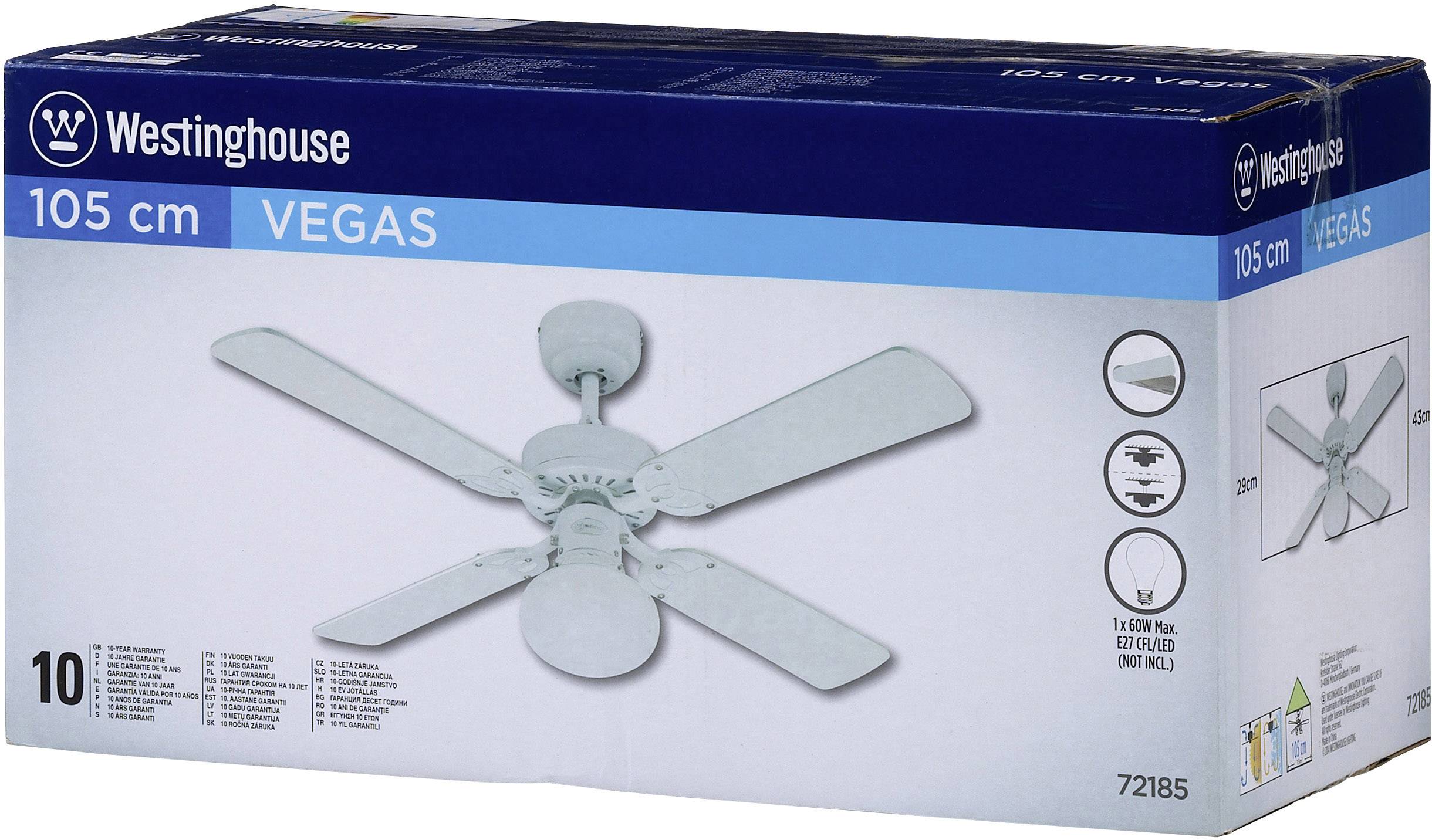 Westinghouse Vegas Deckenventilator 39W (Ø x H) 105cm x 325mm Weiß mit Beleuchtung, Wendbare Flügel, Winterbetrieb