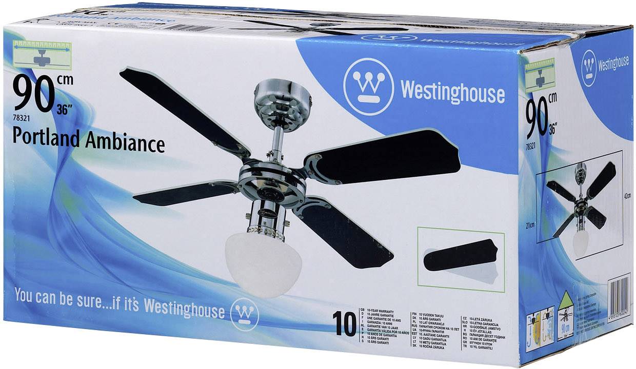 Westinghouse Portland Ambiance Deckenventilator 35W (Ø x H) 90cm x 420mm Chrom Austauschbare Flügel, mit Beleuchtung, Wendbar