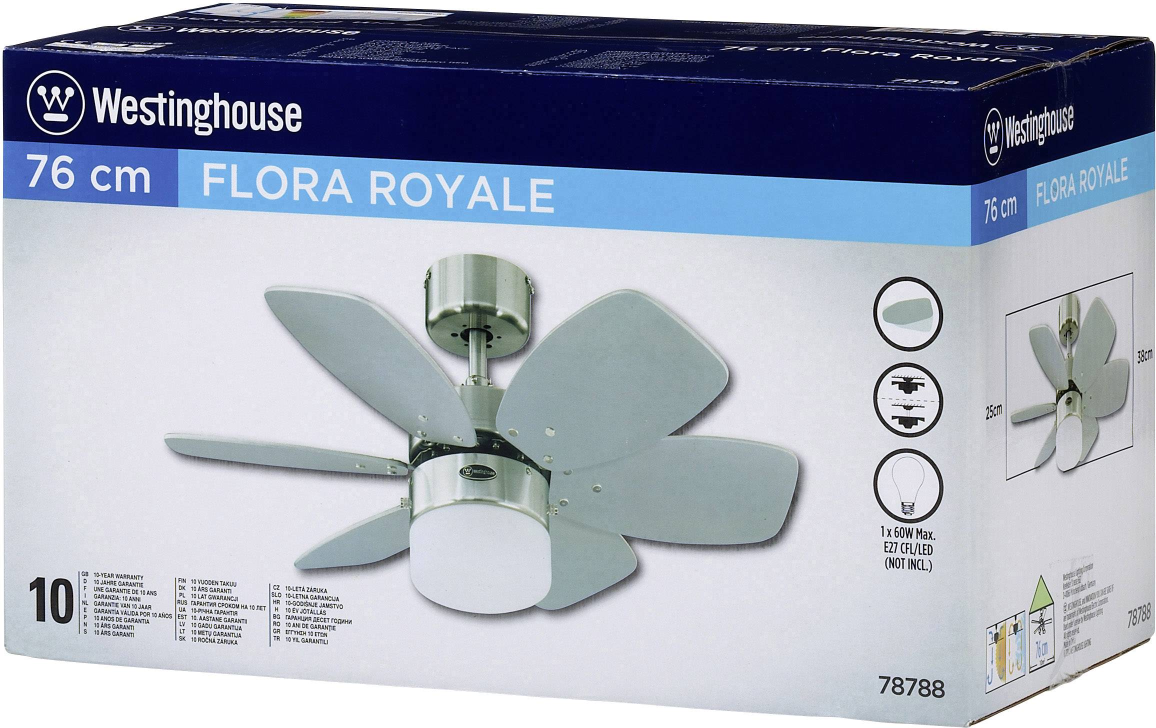 Westinghouse Flora Royale Deckenventilator 54 W (Ø x H) 76 cm x 38 cm Chrom mit Beleuchtung, Wendbare Flügel