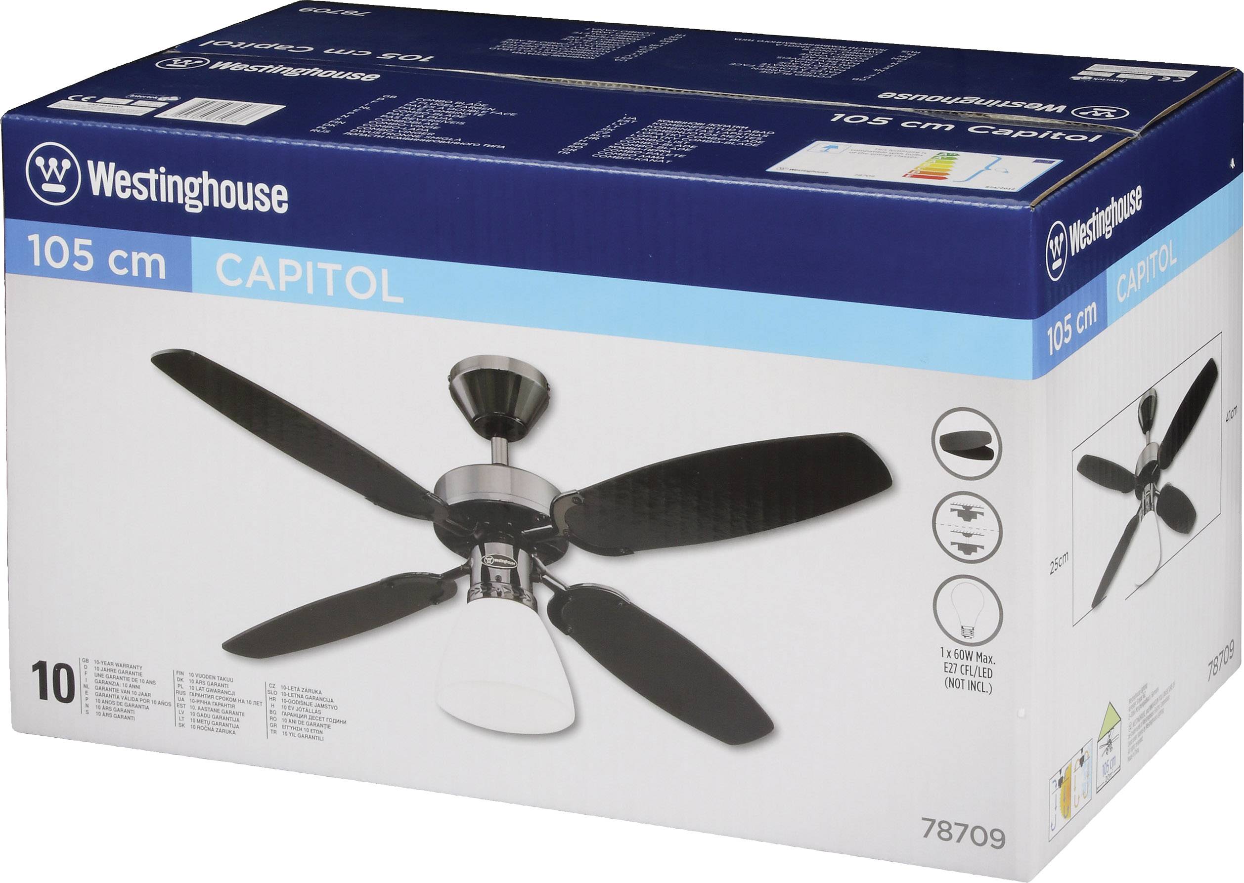 Westinghouse Capitol Deckenventilator 42W (Ø x H) 105cm x 44cm Schwarz mit Beleuchtung, Wendbare Flügel