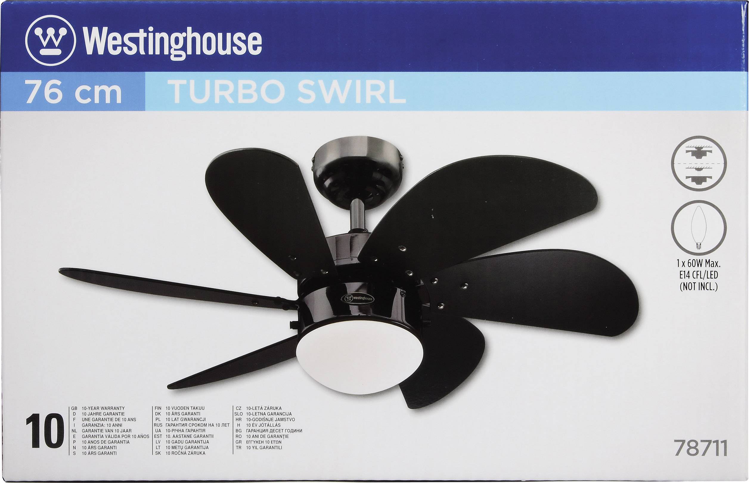Westinghouse Turbo Swirl Deckenventilator 50W (Ø x H) 76cm x 38cm Schwarz mit Beleuchtung, Winterbetrieb