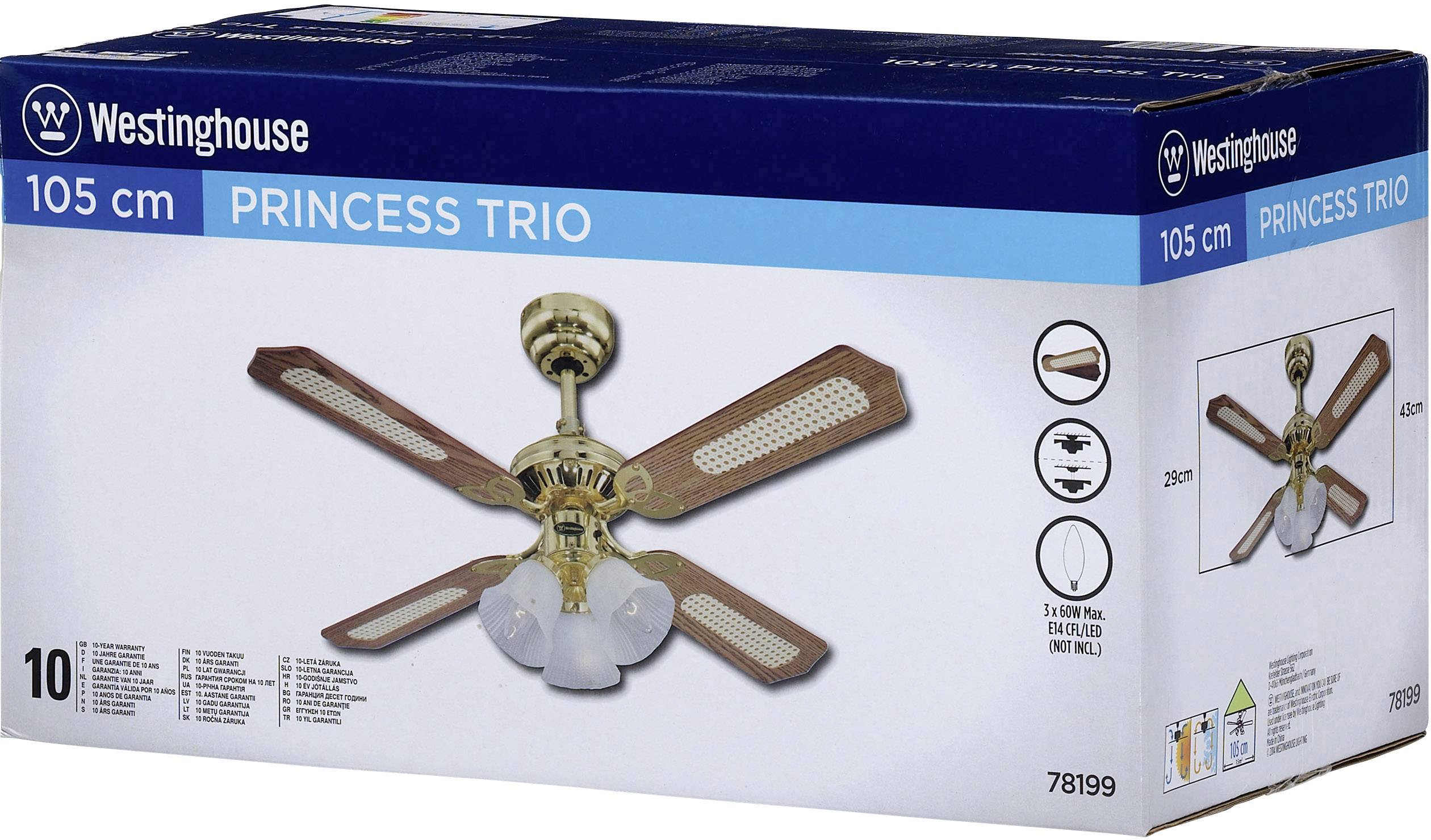 Westinghouse Princess Trio Deckenventilator 55 W (Ø x H) 105 cm x 43 cm Messing (poliert) mit Beleuchtung, Wendbare Flügel