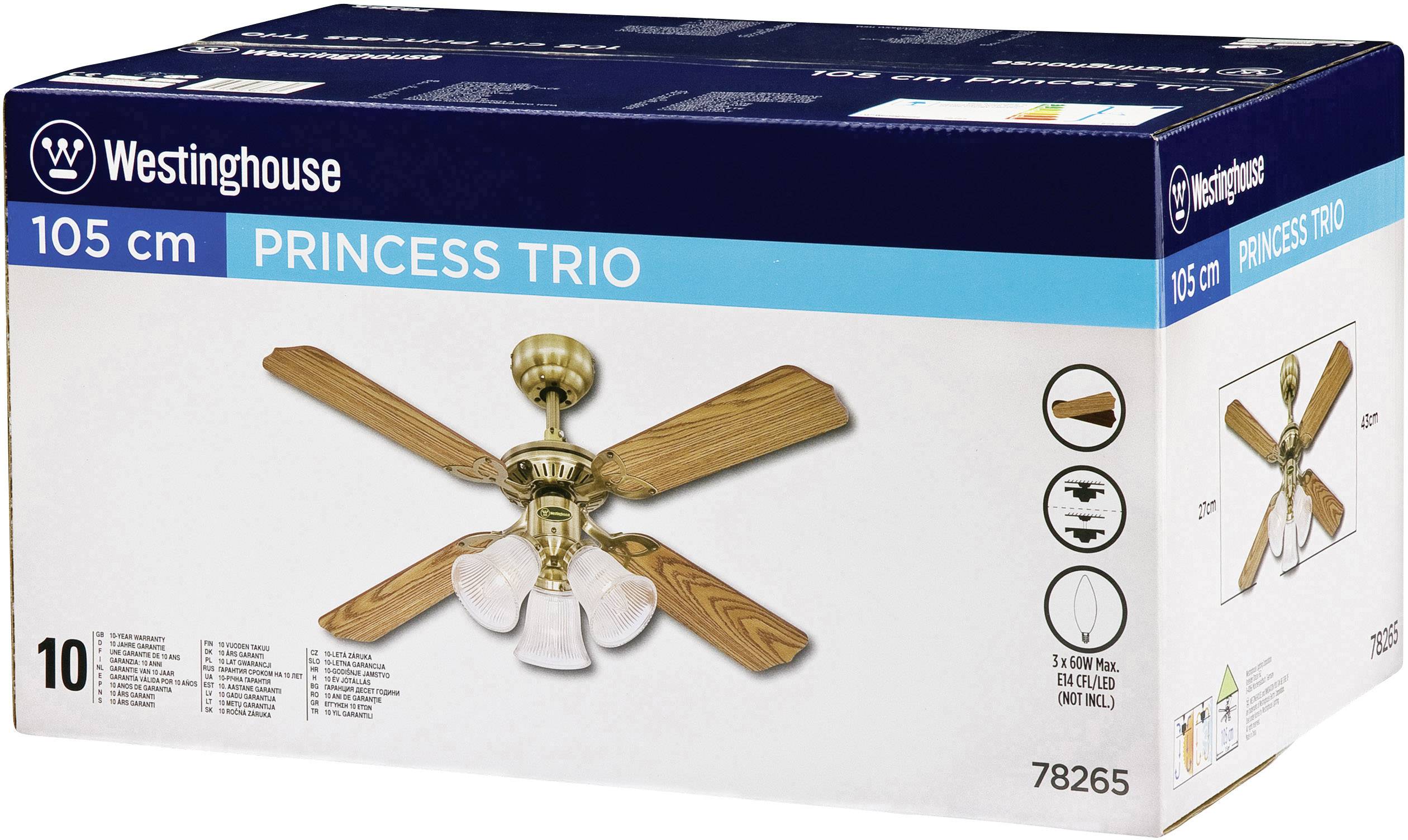 Westinghouse Princess Euro Deckenventilator 55W (Ø x H) 105cm x 43cm Messing-antik mit Beleuchtung, Wendbare Flügel