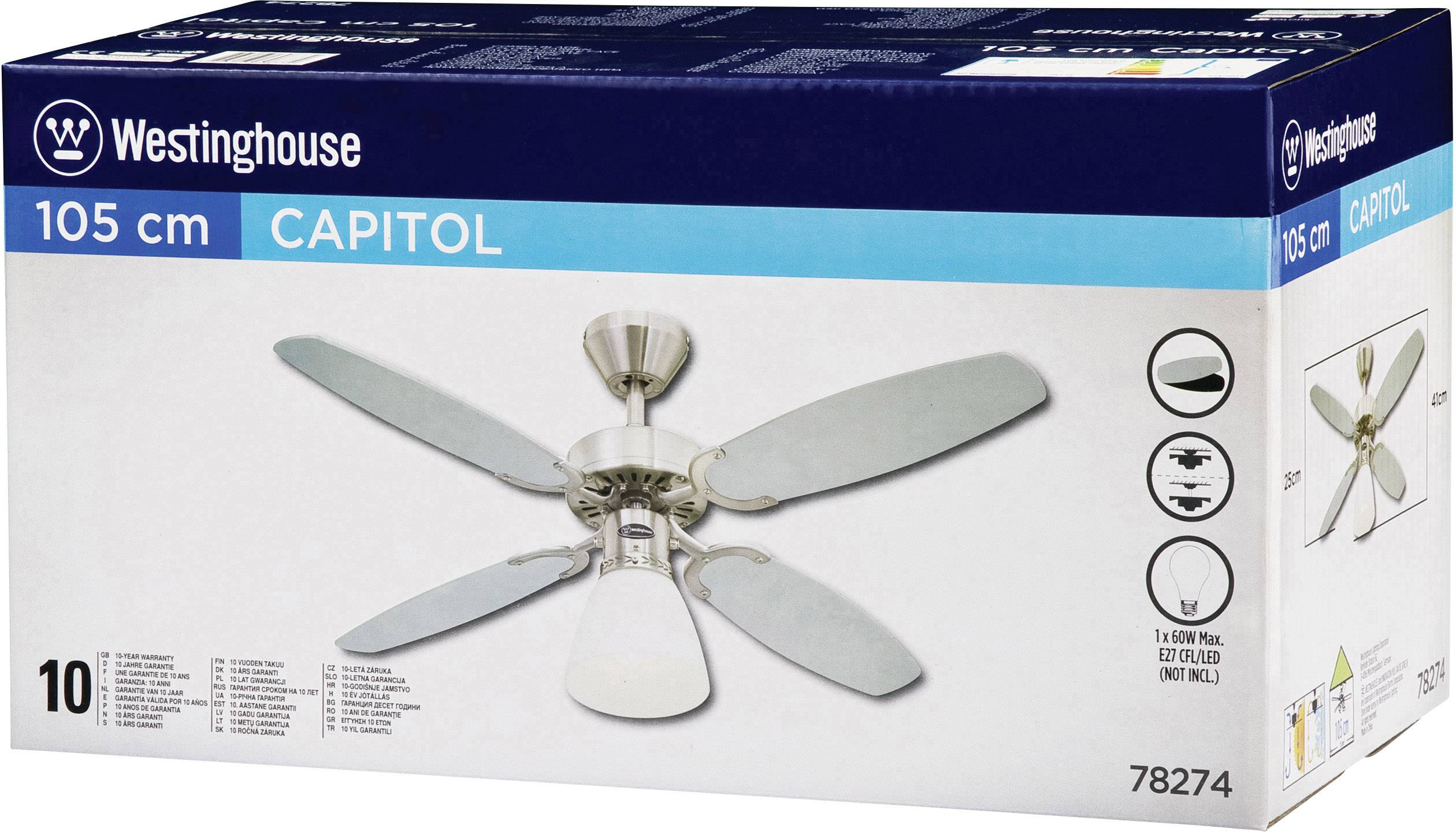 Westinghouse Capitol Deckenventilator 42 W (Ø x H) 105 cm x 44 cm Silber mit Beleuchtung, Wendbare Flügel