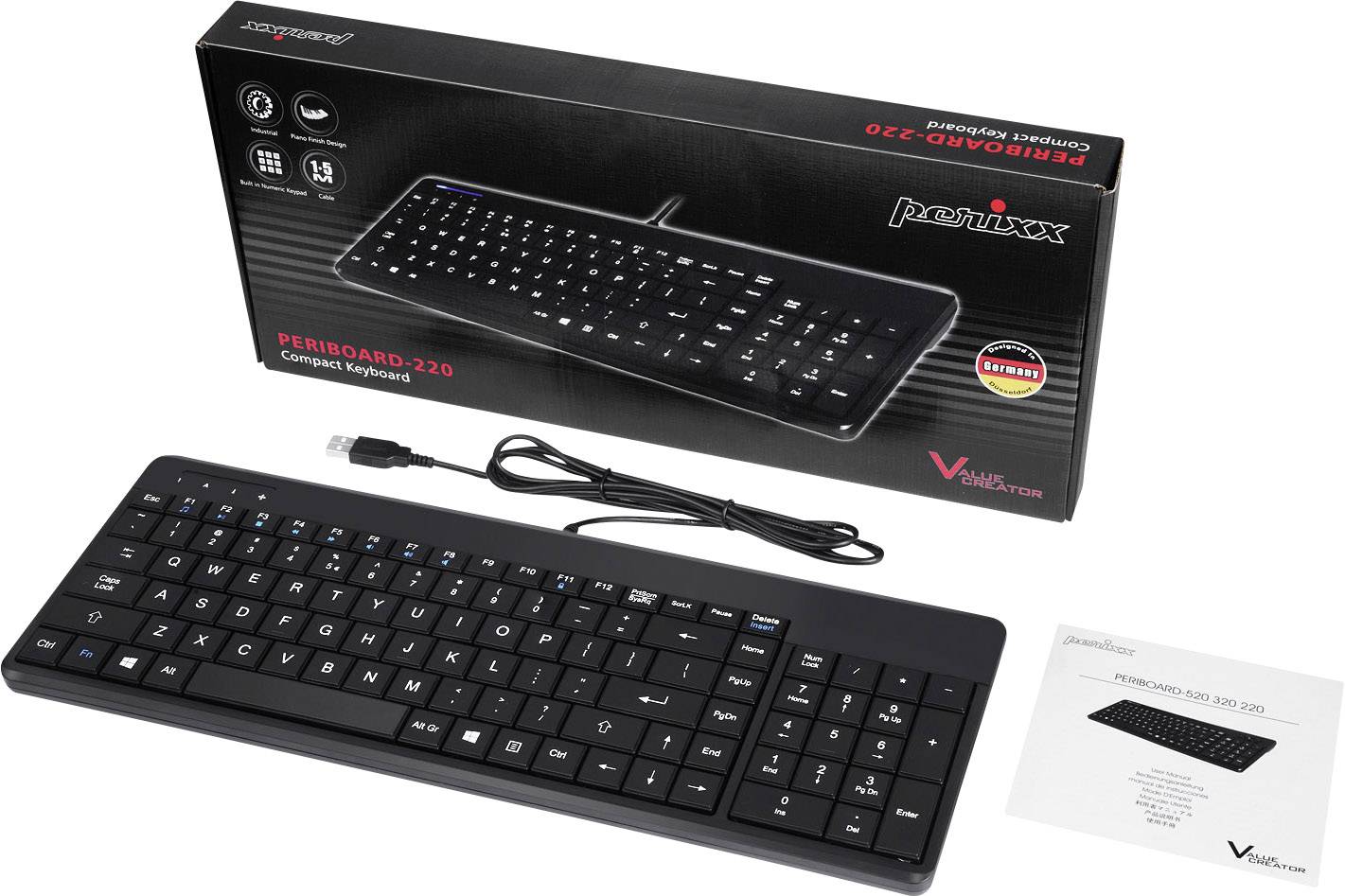 Perixx PERIBOARD-220 H USB Tastatur Deutsch, QWERTZ, Windows® Schwarz USB-Anschluss