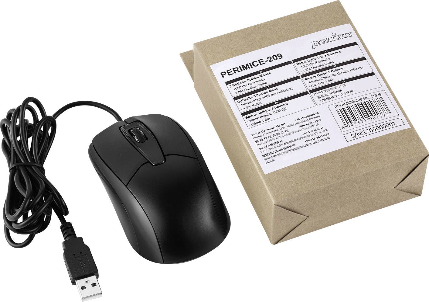 Perixx PERIMICE-209 Maus USB Optisch Schwarz 3 Tasten 1000 dpi