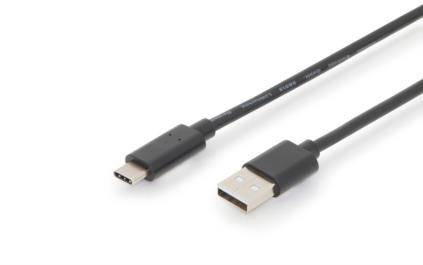 USB-Kabel mit einem USB-A-Stecker und einem USB-C-Stecker, schwarz, auf hellem Hintergrund.