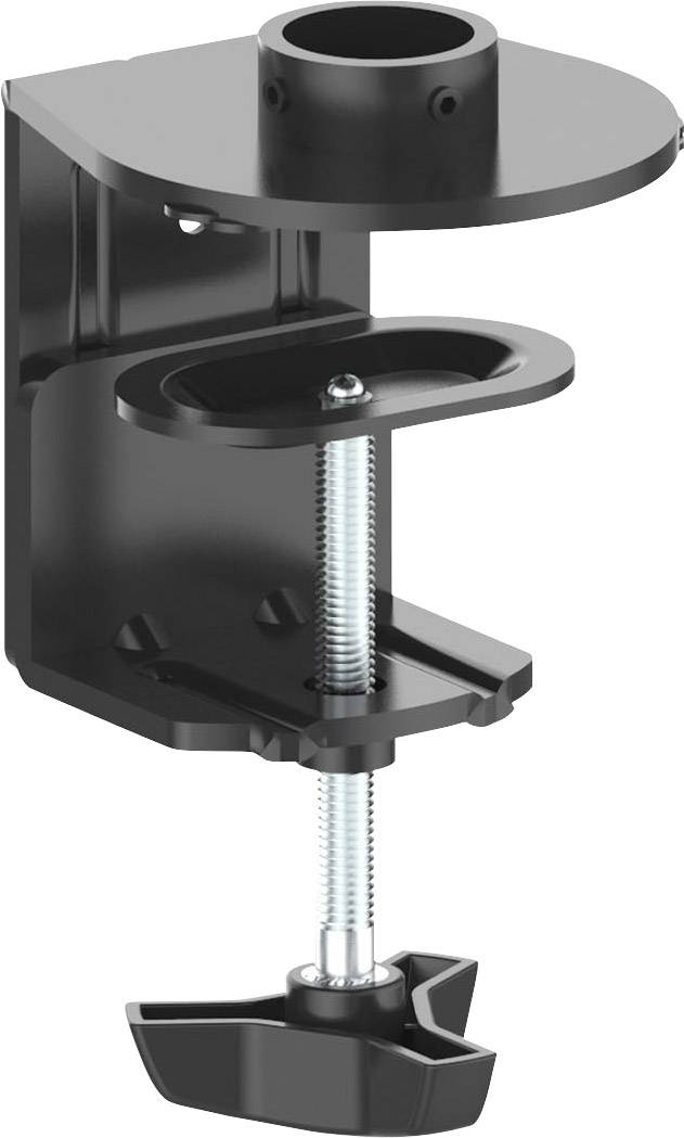 Ein schwarzer Tischhalterung mit Schraubzwinge, geeignet zur Befestigung von Mikrofonarmen oder ähnlichen Geräten an einer Tischkante.