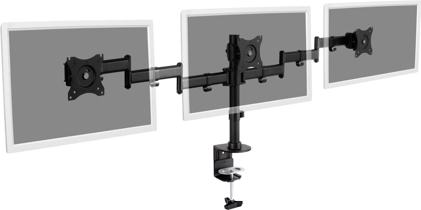 Dreifache Monitorhalterung zur Befestigung an einem Schreibtisch, geeignet für drei Bildschirme in einer horizontalen Ausrichtung.