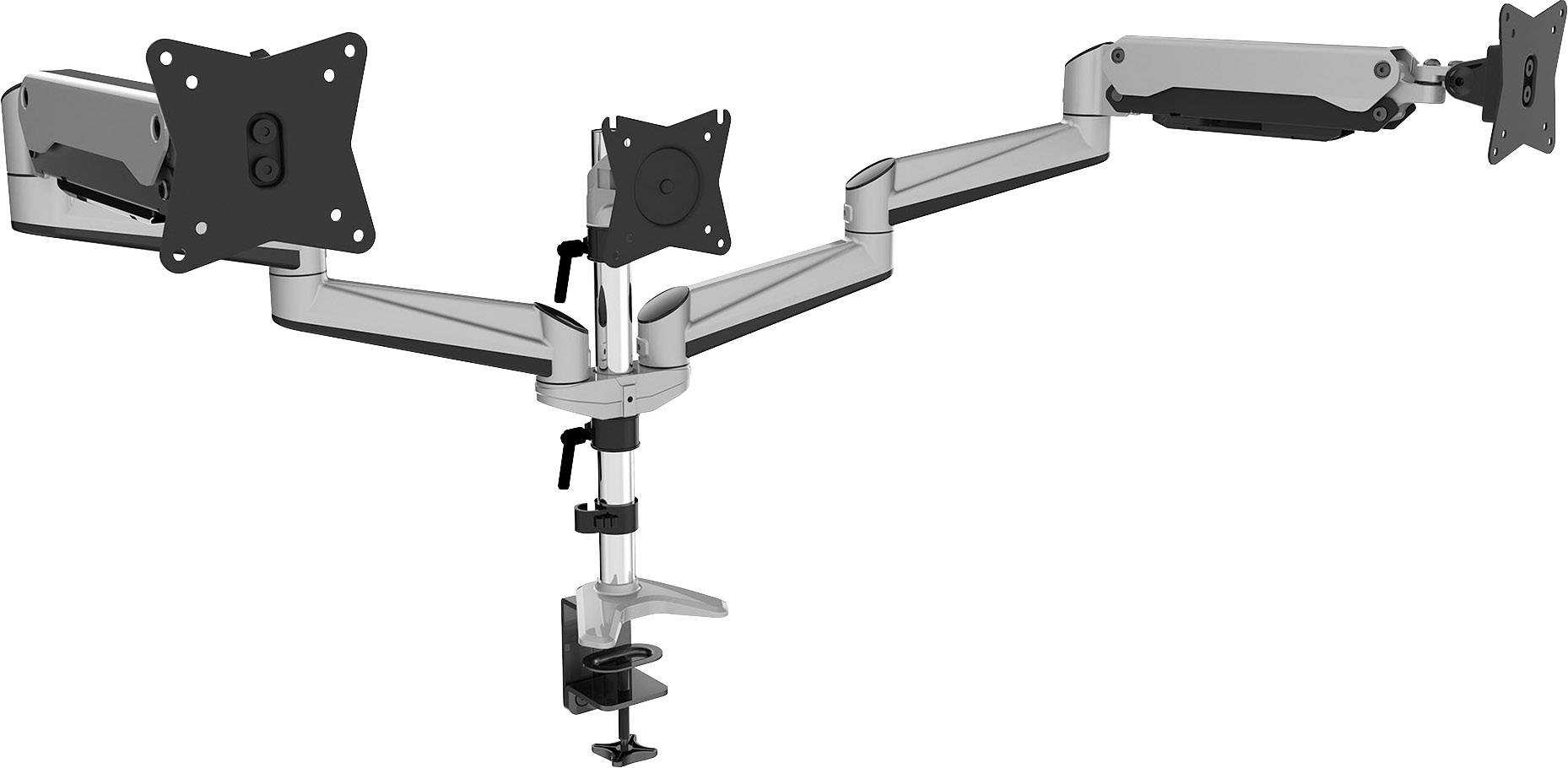 Monitorhalterung mit drei verstellbaren Armen zur Befestigung an einem Tisch. Ideal zum flexiblen Anordnen mehrerer Bildschirme.
