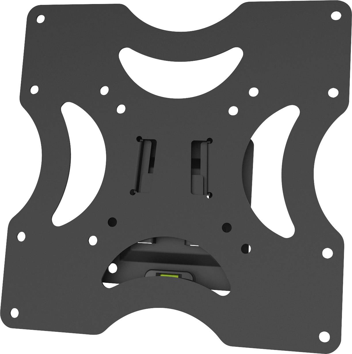 Eine schwarze TV-Wandhalterung mit mehreren Schraubenlöchern und Aussparungen, die zur Befestigung eines Flachbildschirms dient.