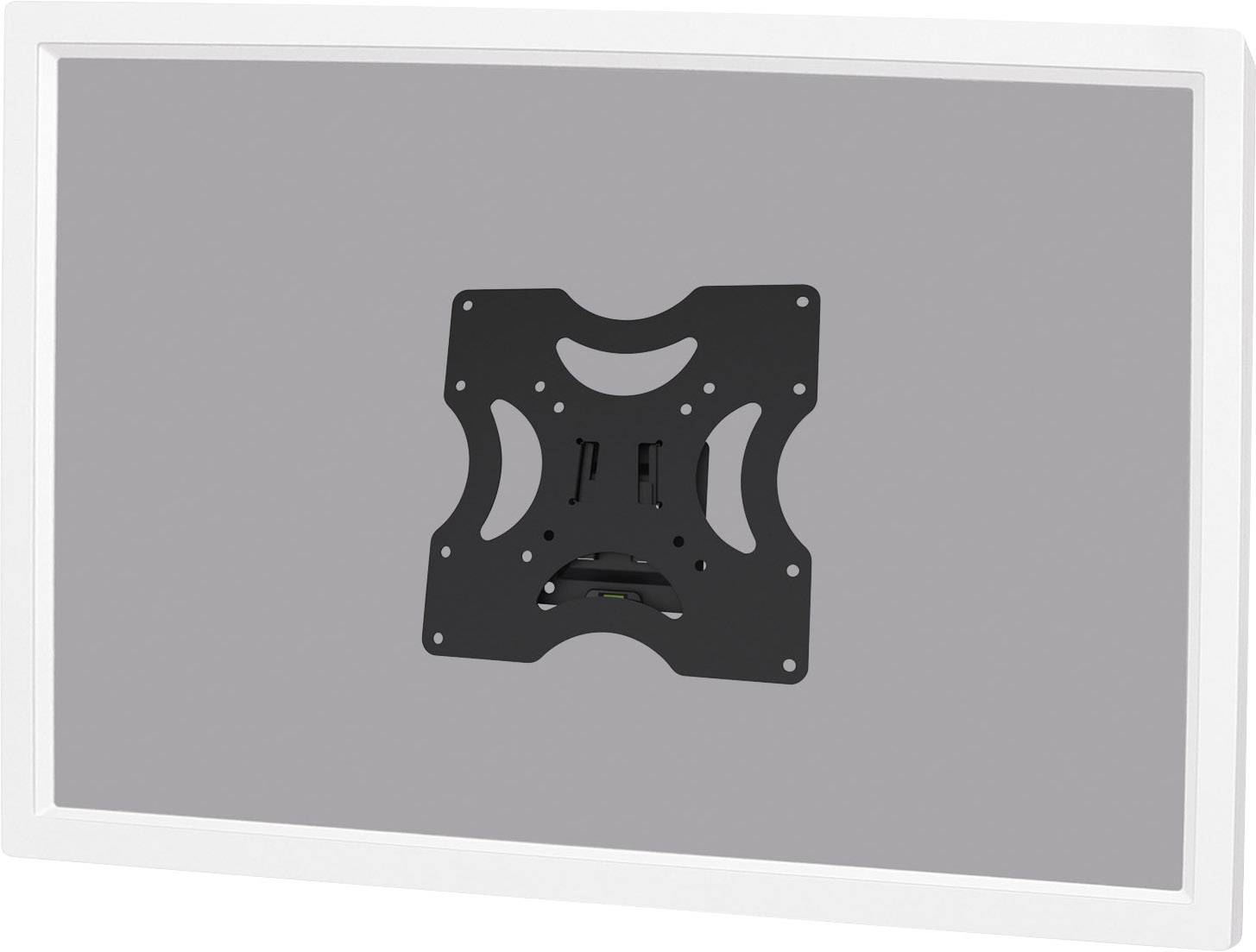 Eine weiße rechteckige Platte mit einer zentral angebrachten schwarzen Halterung, die zur Wandmontage von Bildschirmgeräten dient.