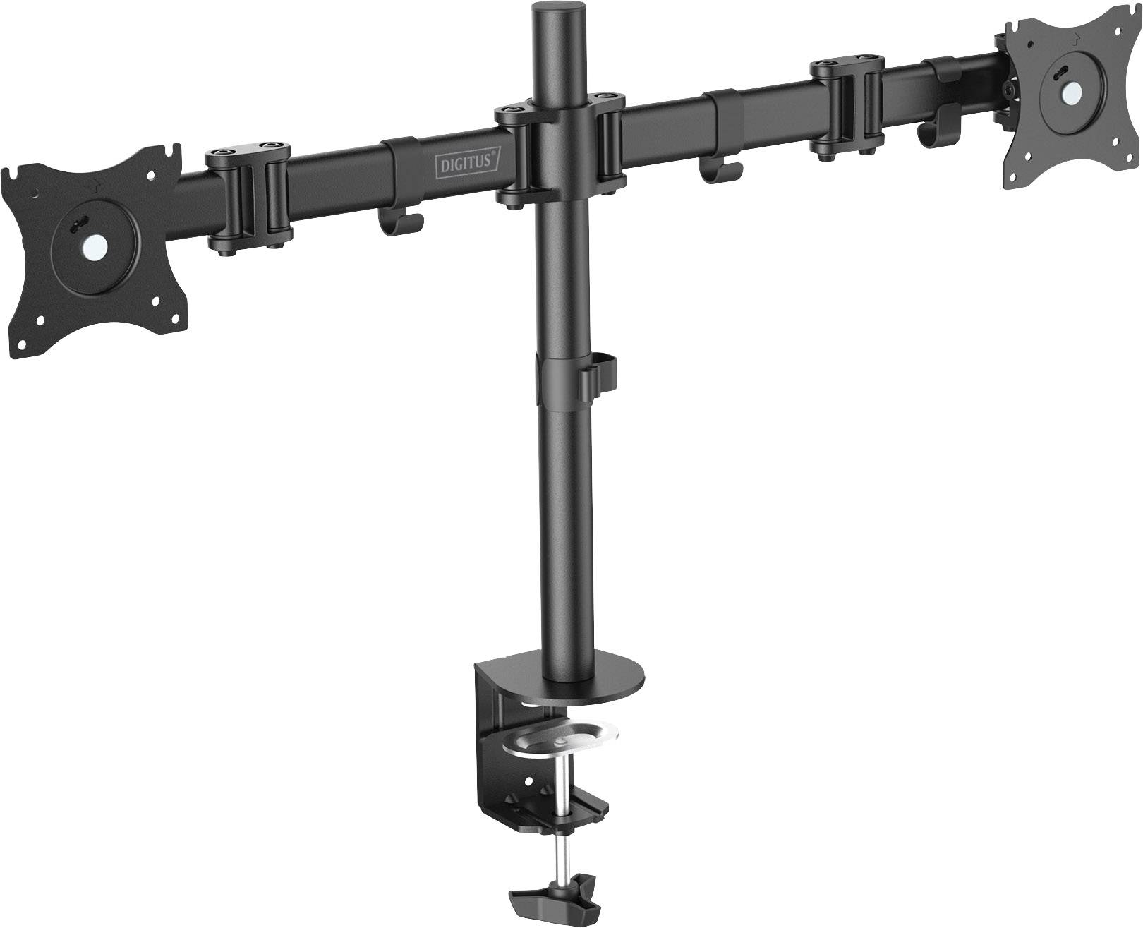 Doppelter Monitorhalter aus schwarzem Metall mit zwei verstellbaren Armen und Tischklemme zur Befestigung an einem Schreibtisch.