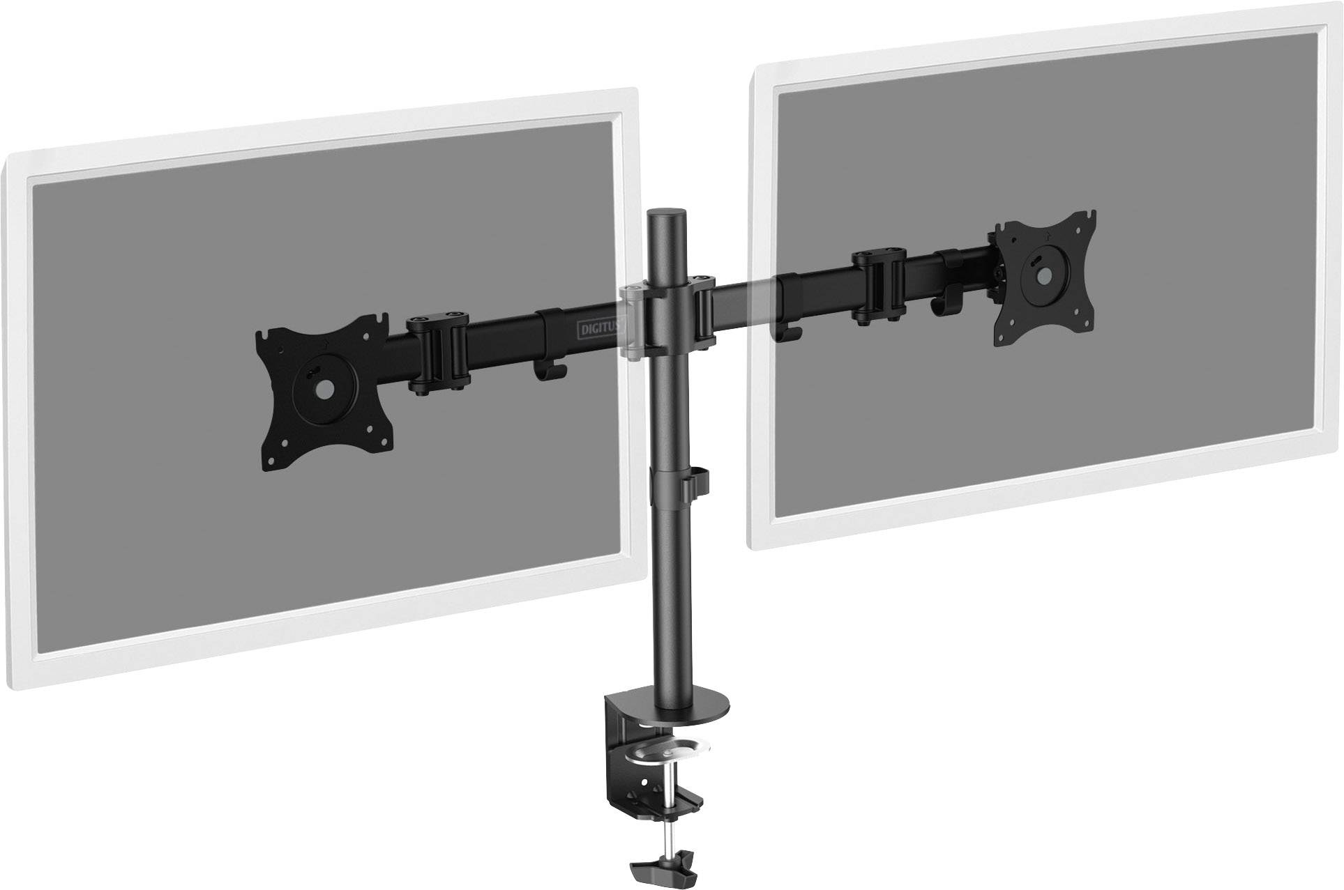 Doppelter Monitorhalter aus Metall, zeigt zwei befestigte Bildschirme. Die Halterung ist an einem vertikalen Ständer befestigt.