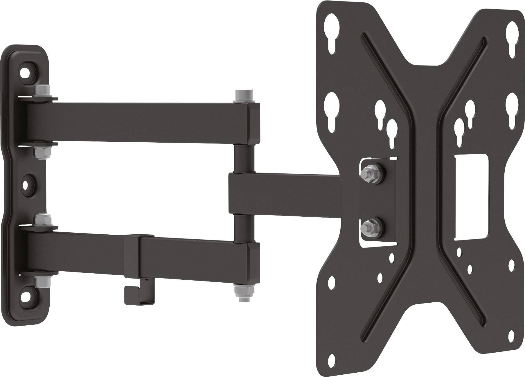Schwarze, schwenkbare TV-Wandhalterung aus Metall mit mehreren Befestigungslöchern und Gelenken, zur Montage eines Flachbildfernsehers.