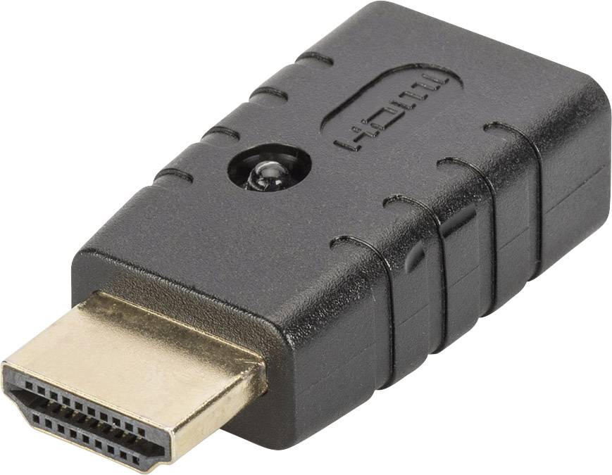 Schwarzer HDMI-Stecker, perspektivisch seitlich fotografiert, zeigt die metallene Kontaktfläche und das Kabelende.