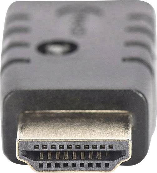 Nahaufnahme eines HDMI-Steckers. Er zeigt die Pins und die rechteckige Struktur, die zur Übertragung von Audio- und Videosignalen verwendet wird.