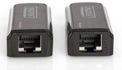 Zwei schwarze Ethernet-Kabeltester mit RJ45-Buchsen nebeneinander, auf einer hellen Oberfläche liegend.