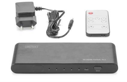 Digitus DS-45317 5 Port HDMI-Switch Metallgehäuse, Ultra HD-fähig, mit Aluminiumgehäuse, LED-Anzeige, mit Fernbedienung 4096 x 2160 Pixel