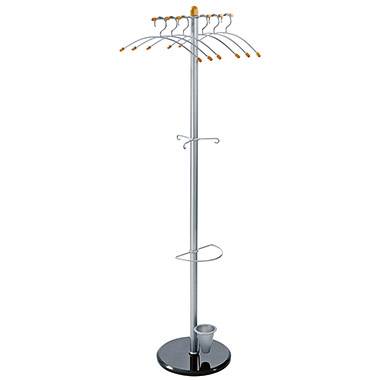 Kleiderständer mit mehreren Haken und einem Schirmständer unten. Modernes Design aus Metall.