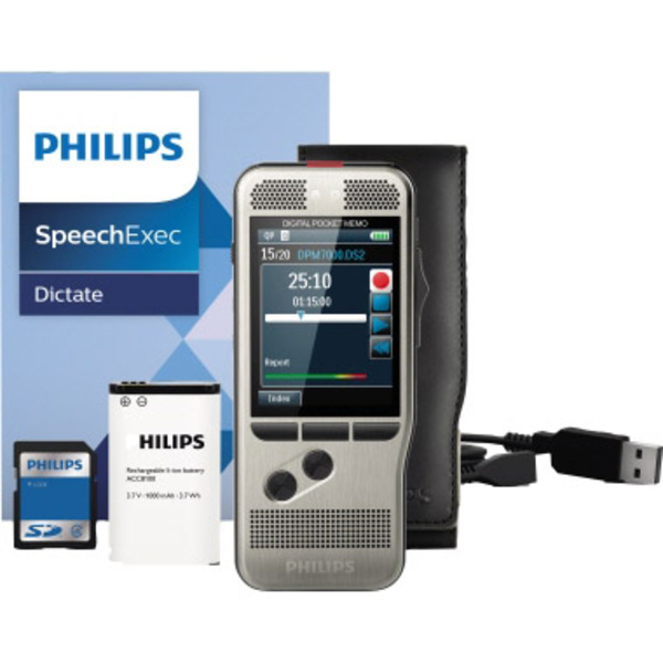 Philips Digital Pocket Memo DPM 7000 Digitales Diktiergerät Silber inkl. Diktatmanagement-Software, inkl. Tasche