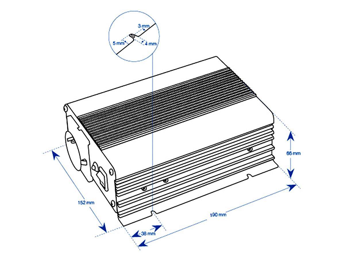 Abbildung zeigt ein rechteckiges Gehäuse mit Maßen: 152 mm Länge, 110 mm Breite, 86 mm Höhe. Details von Schraubenlöchern angegeben.