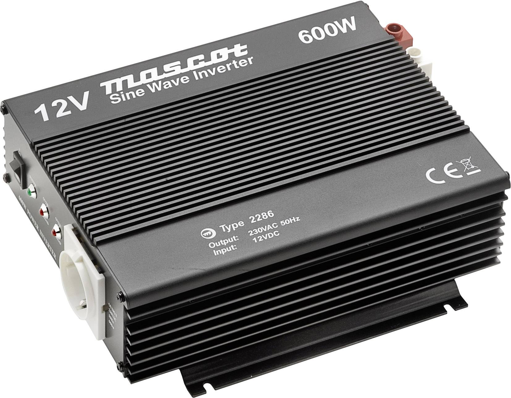 12V Sinus-Wechselrichter, 600W Leistung, Input: 12VDC, Output: 120VAC 50Hz. Schwarzes Gerät mit Kühlrippen und Anschlussports.