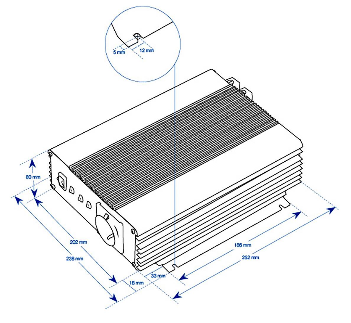Technische Zeichnung eines rechteckigen Geräts mit Maßen: 262 mm x 160 mm x 69 mm. Inset zeigt Detail mit 5 mm x 12 mm.