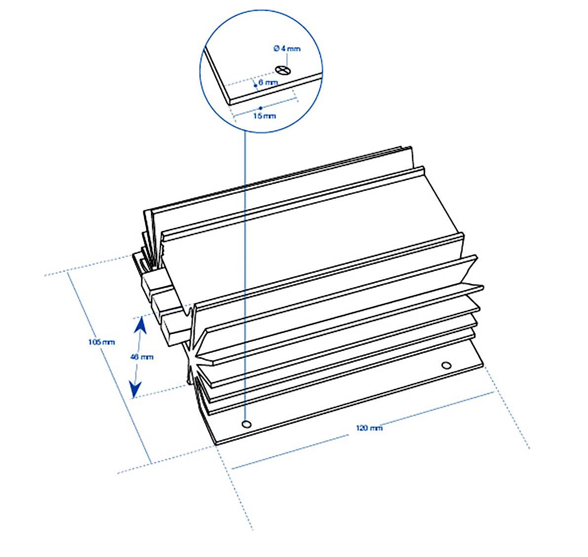 Technische Zeichnung eines Kühlkörpers mit Maßen: 105 mm Höhe, 120 mm Breite, 48 mm Tiefe. Detailansicht zeigt Befestigungslöcher: 4 mm Durchmesser, Abstand 15 mm zueinander.