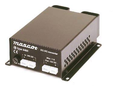 DC-DC-Wandler Typ 9460 von Mascot. Wandelt 24V DC in 12V DC um mit einer maximalen Stromstärke von 11A. Schwarzes Gehäuse.