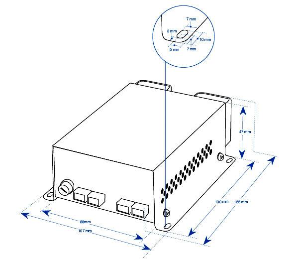 Zeichnung eines elektronischen Geräts mit detaillierten Maßen. Länge: 165 mm, Breite: 107 mm, Höhe: 47 mm. Schraubenabstand: 7 mm.
