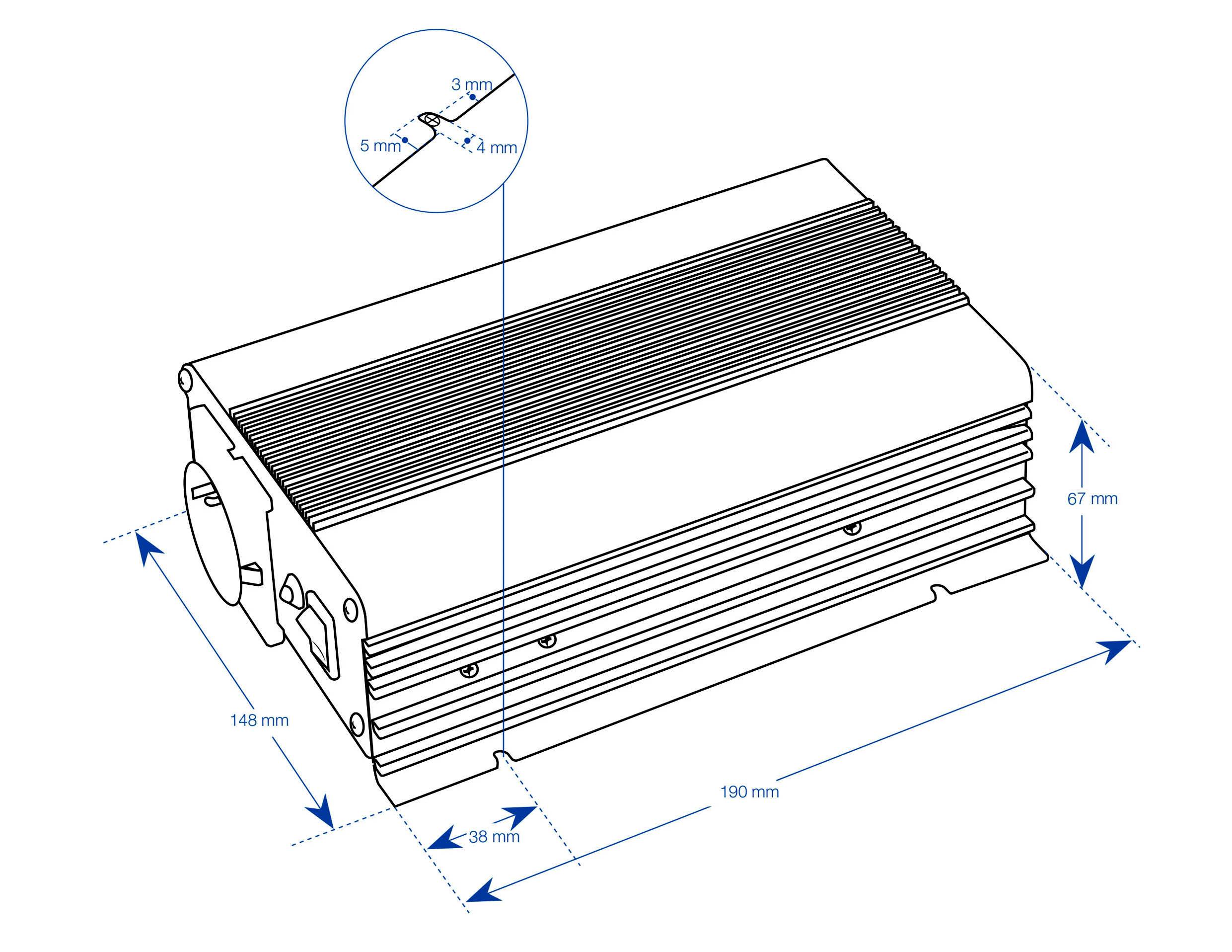 Technische Zeichnung eines rechteckigen Geräts mit Maßen: Länge 190 mm, Breite 148 mm, Höhe 67 mm. Details der Kühlrippen und Montageöffnungen sind abgebildet.