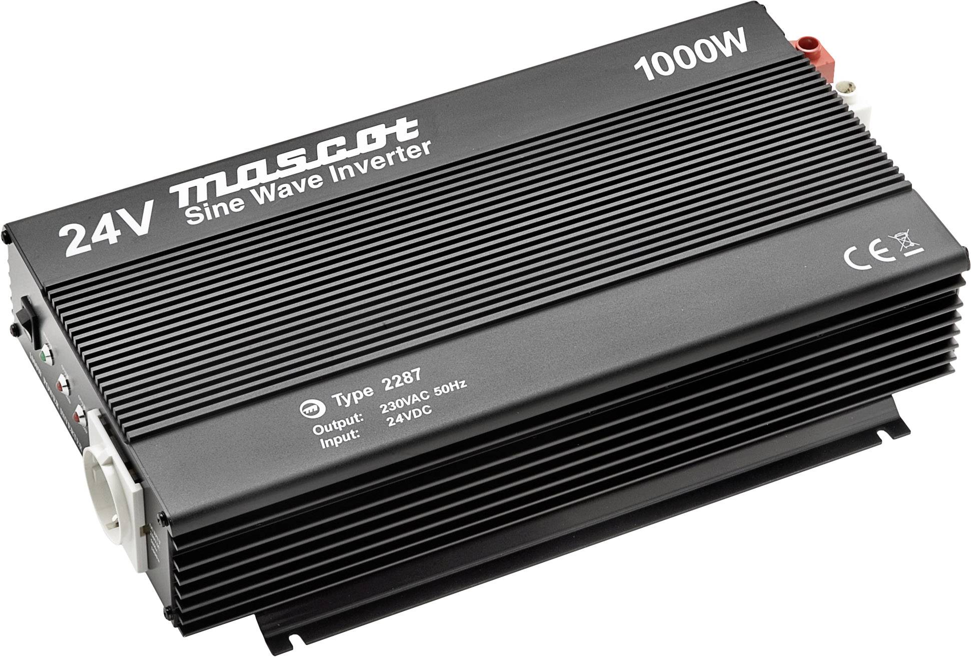 Schwarzer 24V Sinus-Wechselrichter mit 1000W Leistung. Text: Mascot. Modelltyp 2287, Eingang: 230VAC 50Hz, Ausgang: 24VDC.