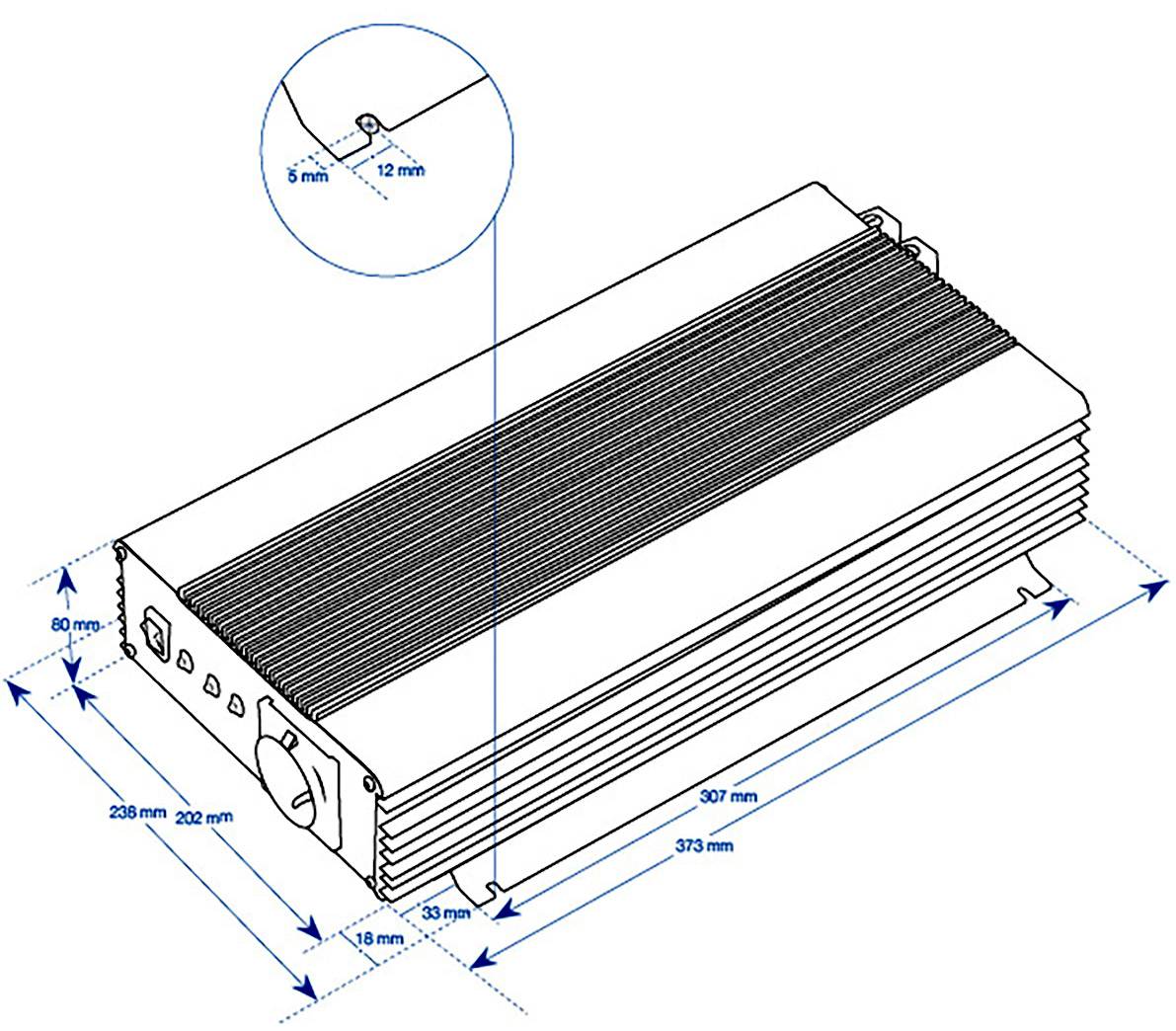 Technische Zeichnung eines rechteckigen elektronischen Geräts mit Abmessungen: 268 mm Länge, 202 mm Breite, 80 mm Höhe.