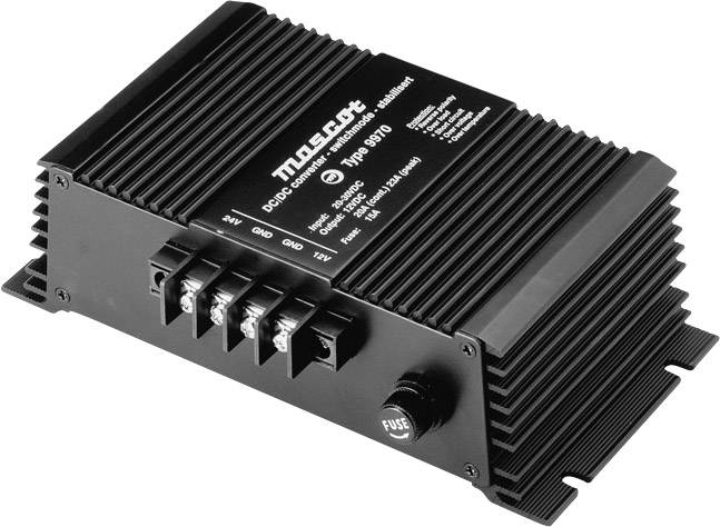 'DC/DC-Wandler Modell 8970' in schwarzem Gehäuse mit Kühlrippen, Eingangs- und Ausgangsklemmen sowie Sicherung.