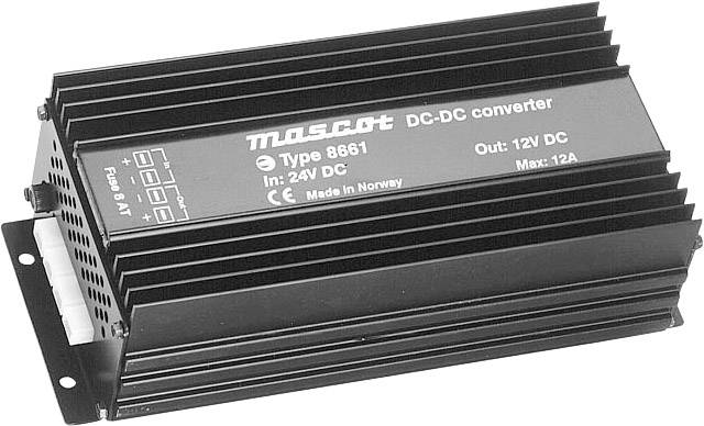 Gleichstromwandler 'Mascot' Typ 8661, Eingang: 24V DC, Ausgang: 12V DC, Maximalstrom: 12A, hergestellt in Norwegen.