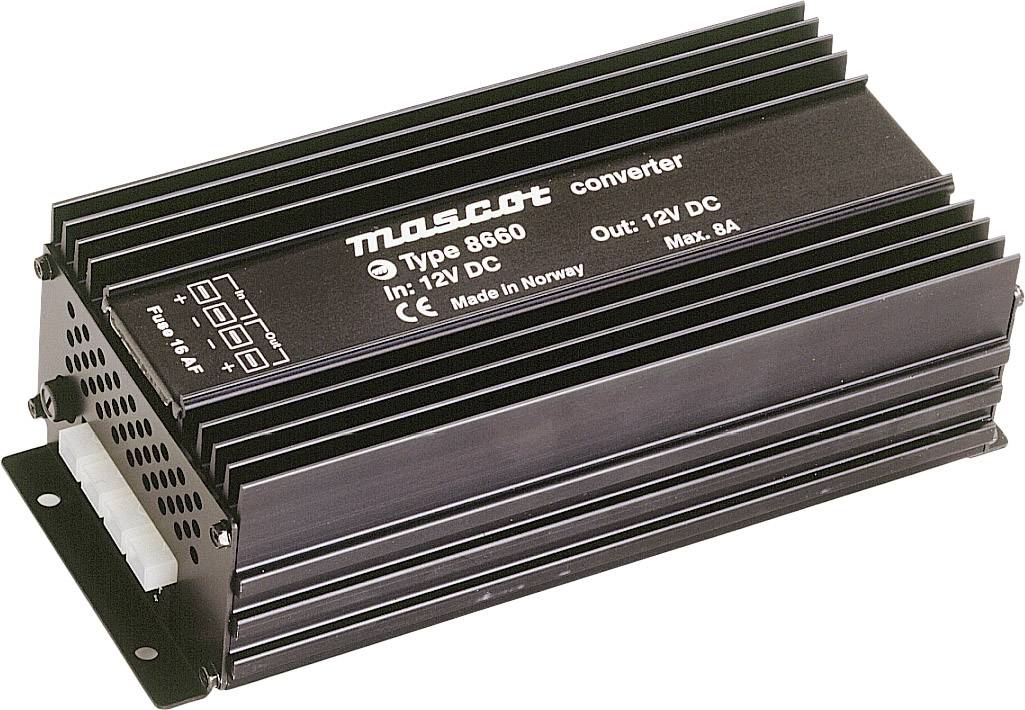 Schwarzes Metallgerät mit der Aufschrift 'converter', 'Type 8660', '12V DC' und 'Max 8A'. Made in Norway.