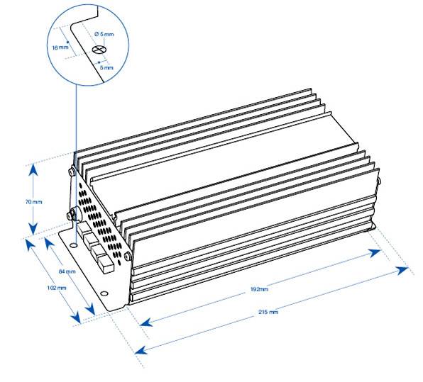 Technische Zeichnung eines rechteckigen Kühlkörpers mit Maßangaben: 215 mm Länge, 102 mm Breite, 70 mm Höhe. Detaillierte Abmessungen von Befestigungslöchern: 5 mm Durchmesser, 16 mm Abstand.