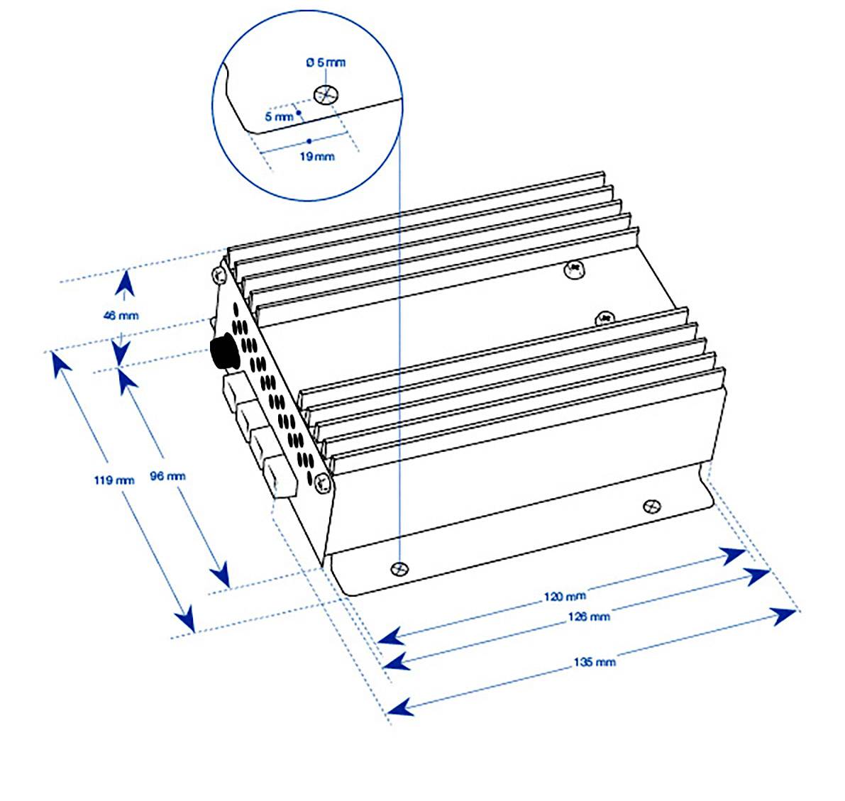 Technische Zeichnung eines Kühlkörpers mit Abmessungen: 135 mm Länge, 119 mm Breite, 45 mm Höhe. Schraubenabstände markiert.